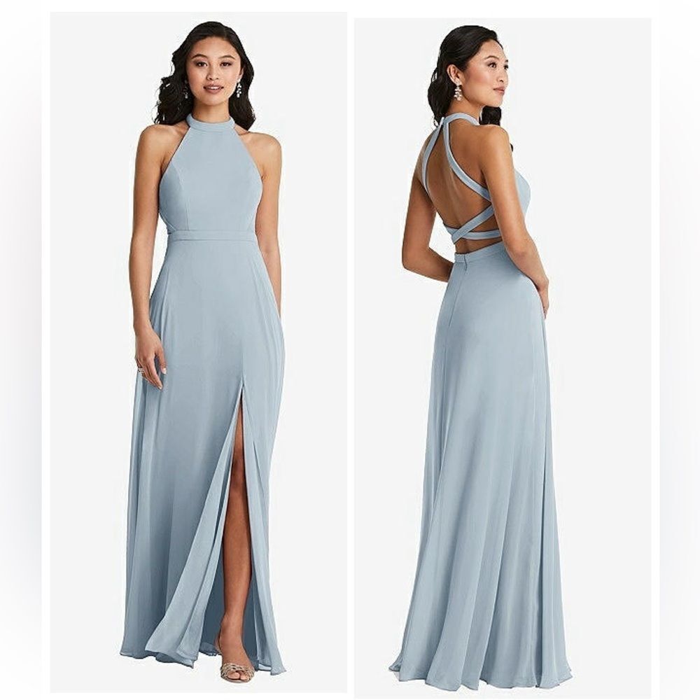 Dessy Stand Collar Halter Maxi Dress Crisscross Open Back Mist Size 6 Bridesmaid